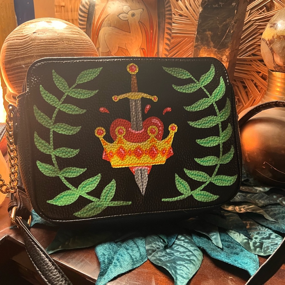 Black Crossbody Bag with Embroidered Crown & Sword Design